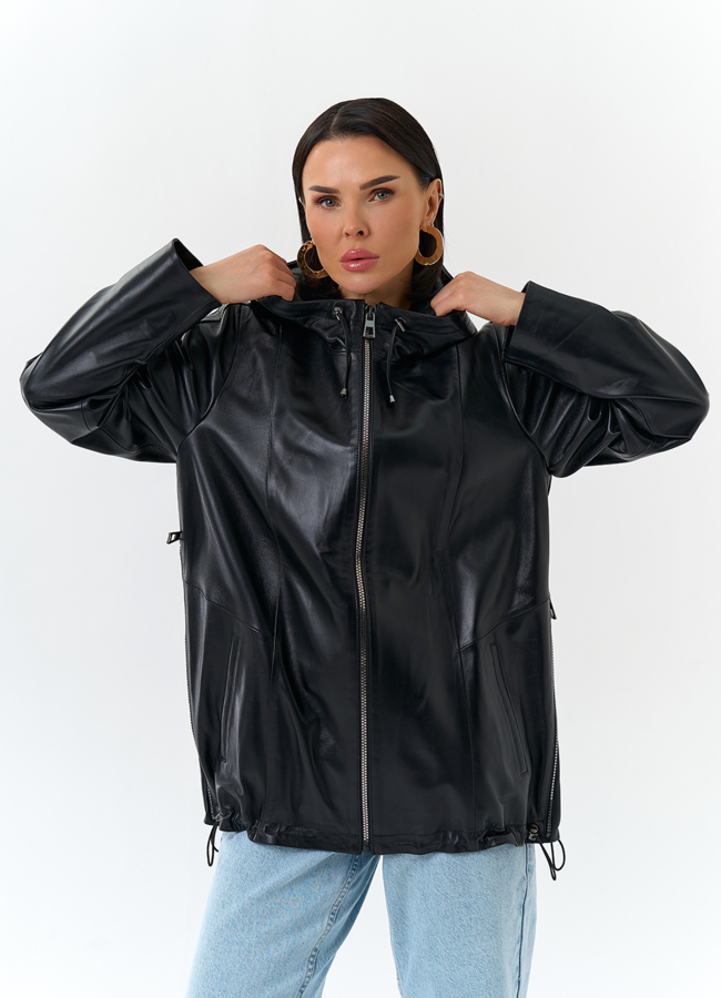 фото Женская куртка из натуральной кожи с капюшоном модель № 32875