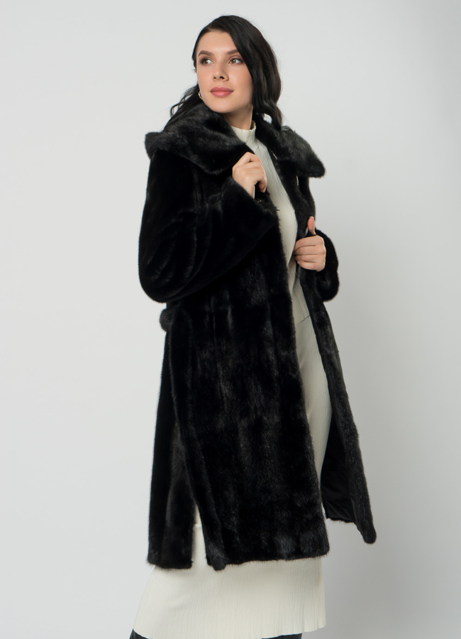 Норковая шуба с капюшоном и поясом черного цвета модель № 29529 универмаг малина