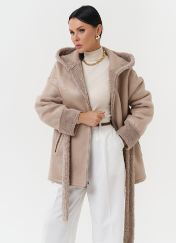 Дубленка из эко кожи с капюшоном