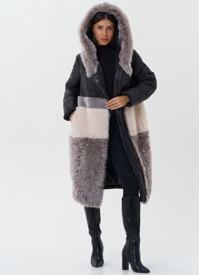 Комбинированный пуховик с овчиной модель № 26911 в кредит