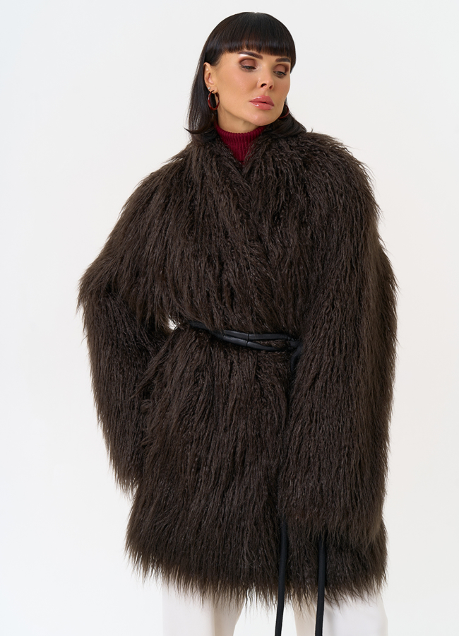 Женская шуба из эко меха коричневого цвета модель № 31530 меха малина
