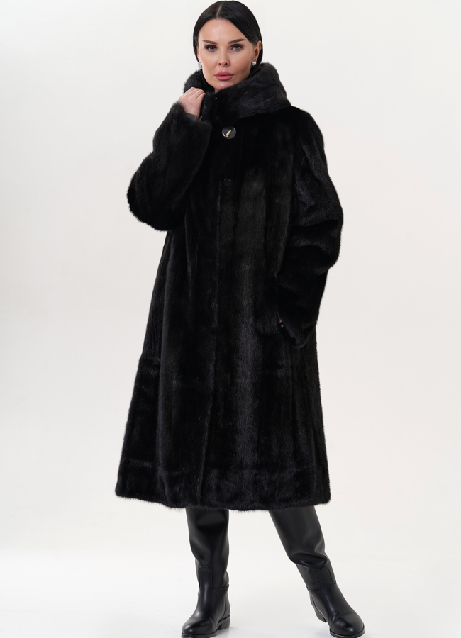 Норковая шуба черного цвета модель № 26124 меха малина