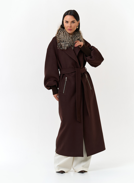 Женское длинное пальто с отделкой из меха лисы