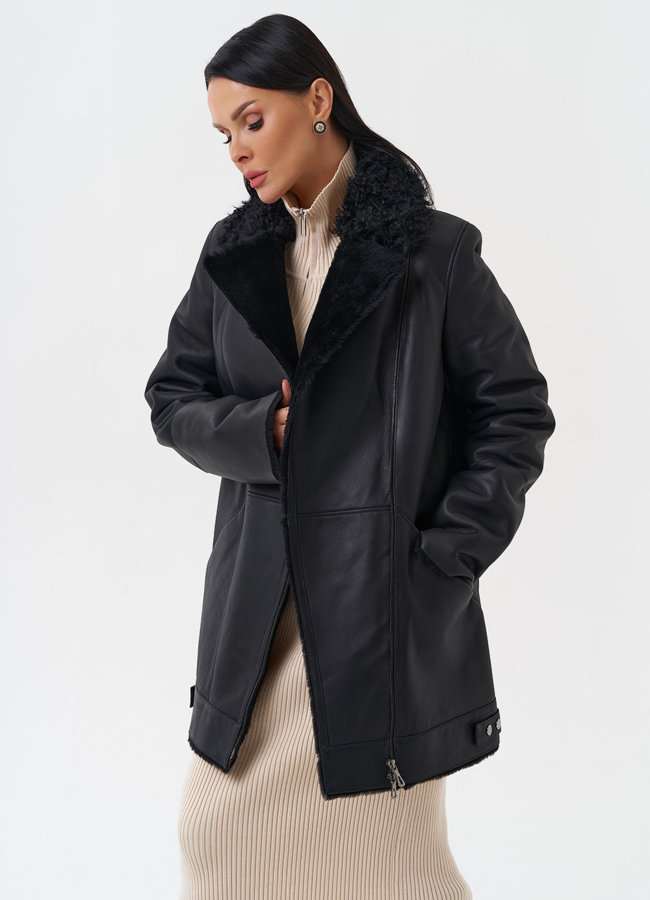 Натуральная дубленка черного цвета модель № 28959 универмаг малина