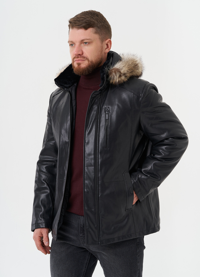 Пуховик из эко кожи с мехом енота модель № 27741 универмаг малина