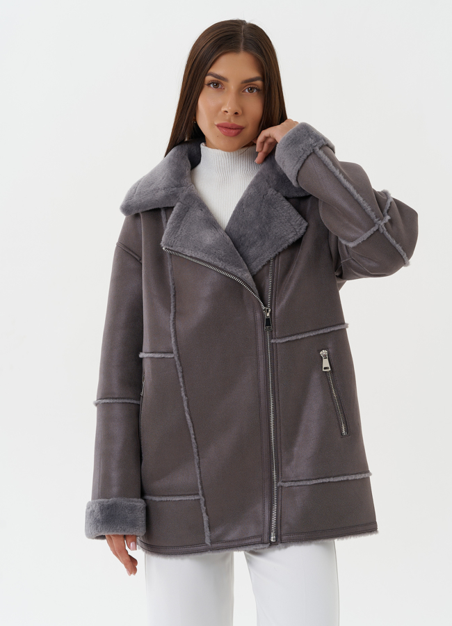 Женская дубленка из эко кожи модель № 27762 меха малина