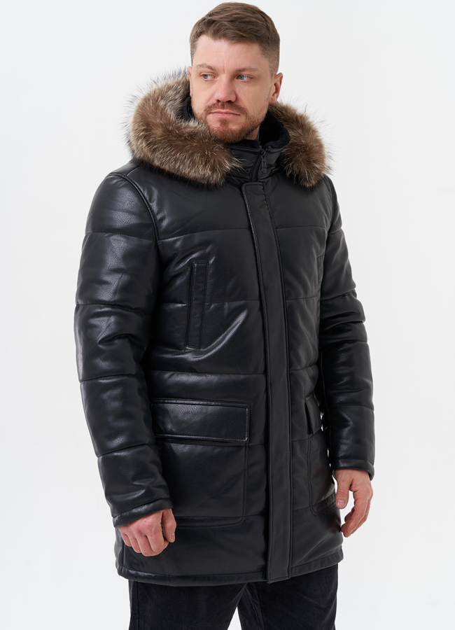 Пуховик из эко кожи с капюшоном из меха енота модель № 28584 универмаг малина