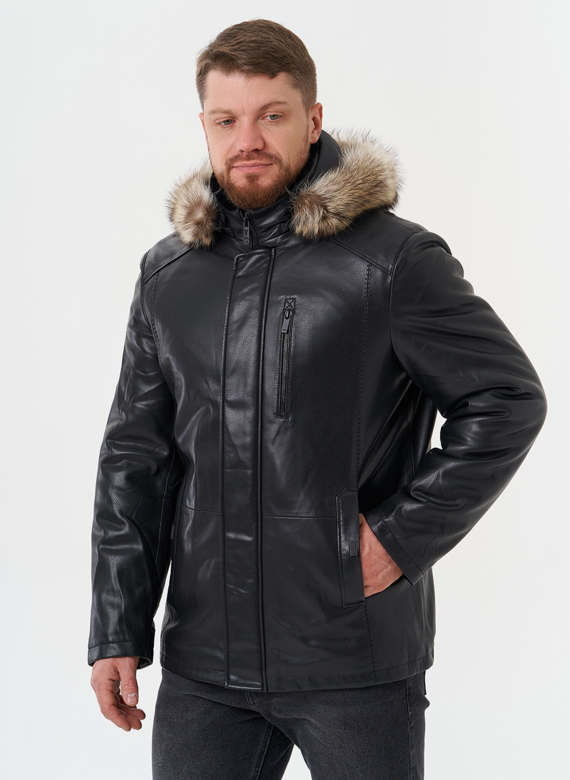 Пуховик из эко кожи с мехом енота