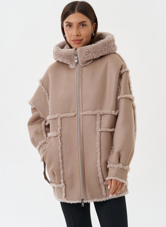 Двухсторонняя эко дубленка с капюшоном