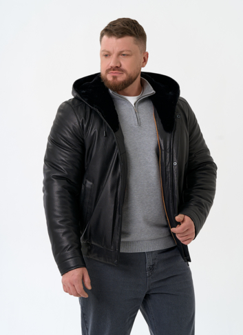 Мужской пуховик из натуральной кожи с капюшоном