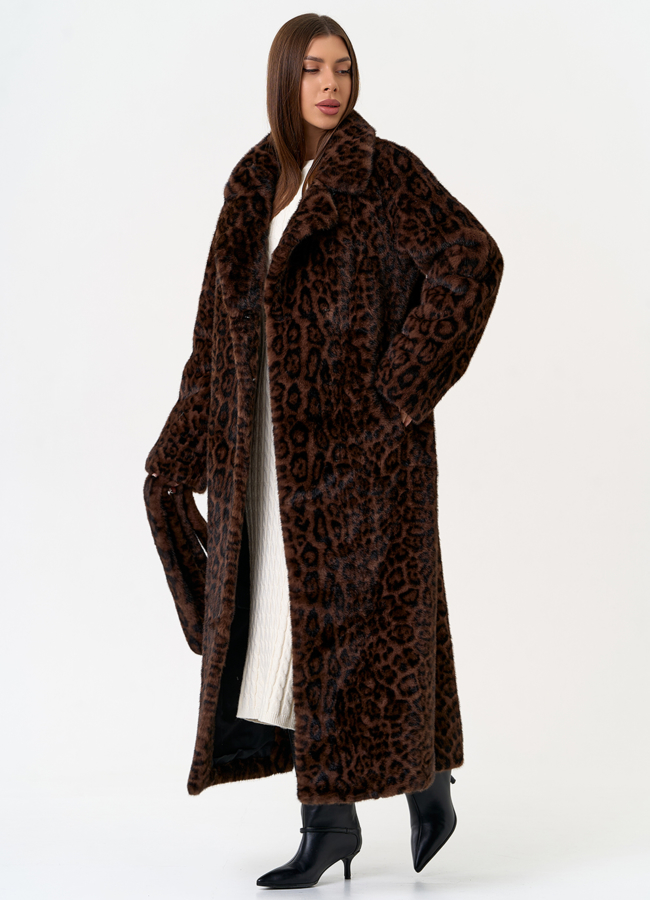 Длинная шуба из эко меха с анималистическим принтом модель № 31266 универмаг малина