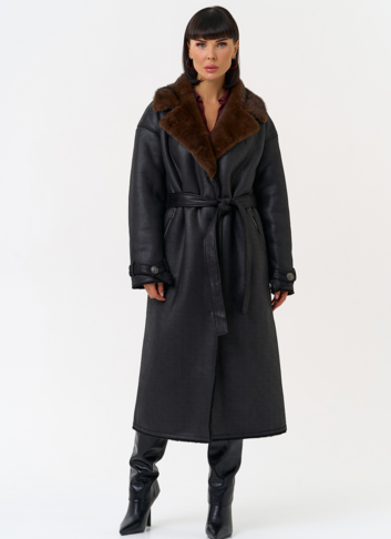 Женская дубленка из эко замши с английским воротником