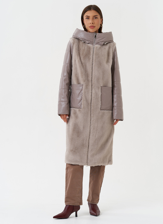 Комбинированный пуховик из эко кожи с капюшоном