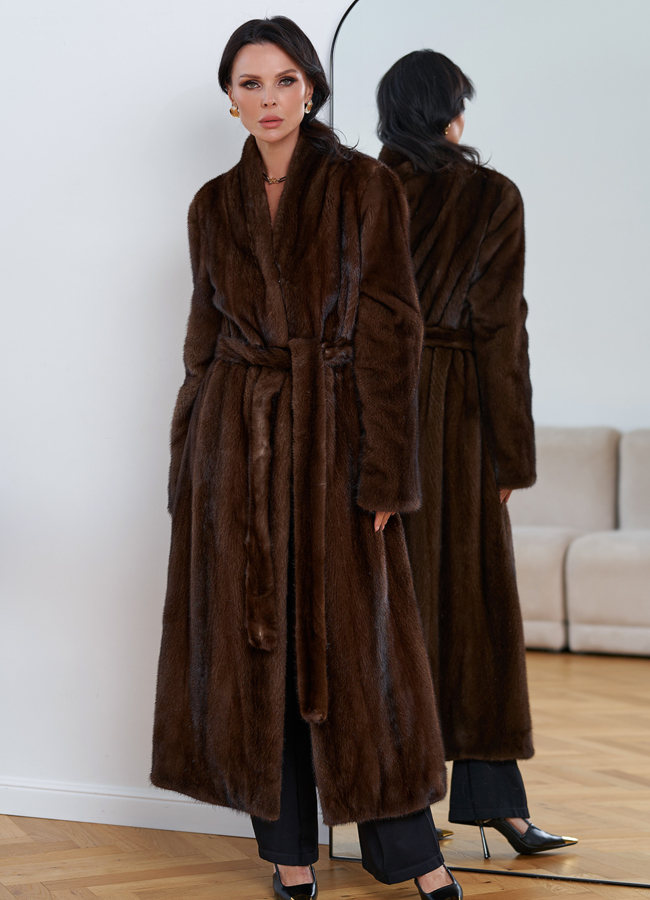 Женская длинная шуба из меха норки модель № 5426 в рассрочку