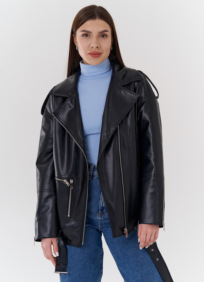 Куртка-косуха из эко кожи на утеплителе с натуральным мутоном модель № 24213 универмаг малина