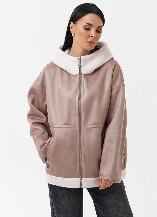 Женская дубленка из эко замши с капюшоном модель № 30209 универмаг малина