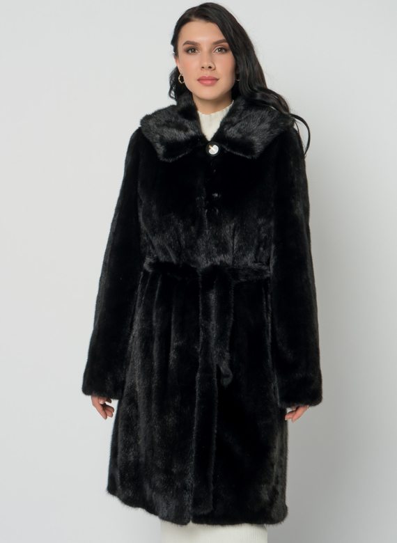 Норковая шуба с капюшоном и поясом черного цвета