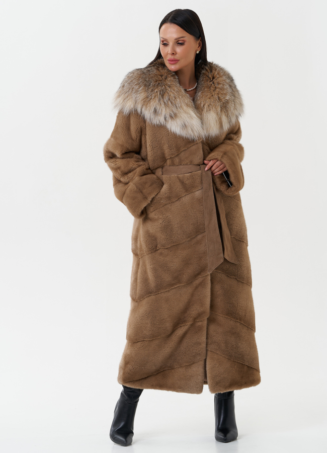 Длинная шуба из норки с капюшоном из рыси модель № 27844 универмаг малина