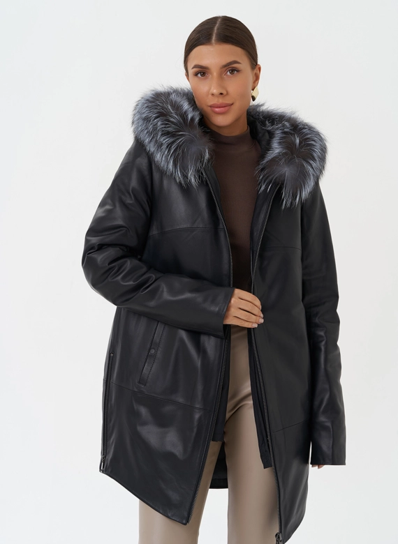 Утепленное полупальто из натуральной кожи с капюшоном  фото