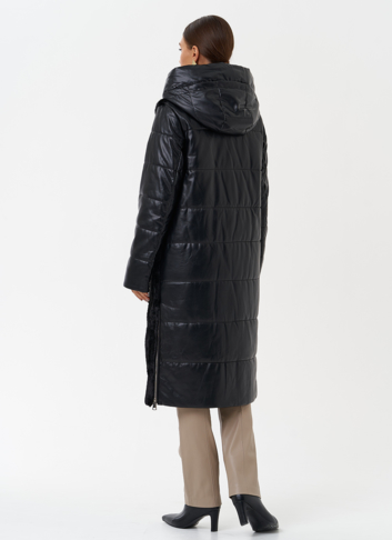 Пуховик из эко кожи с капюшоном