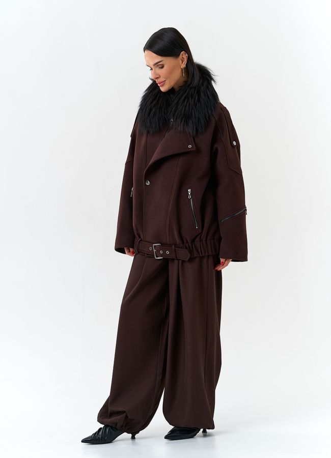 Женское укороченное пальто с отделкой из меха лисы модель № 32781 универмаг малина