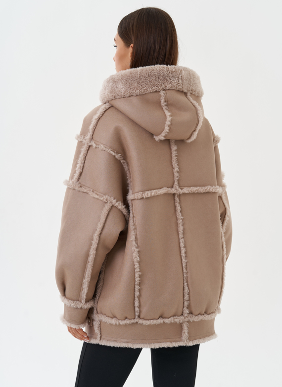 Двухсторонняя эко дубленка с капюшоном