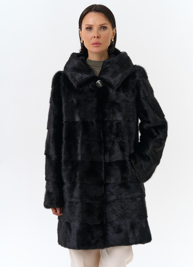 фото Шуба из норки с капюшоном черного цвета модель № 24727