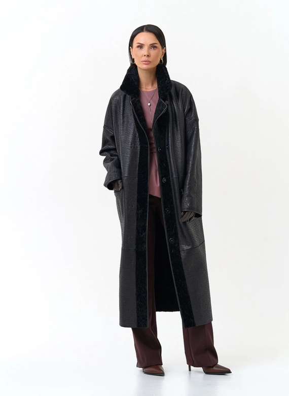 Женская двухсторонняя дубленка с английским воротником фото