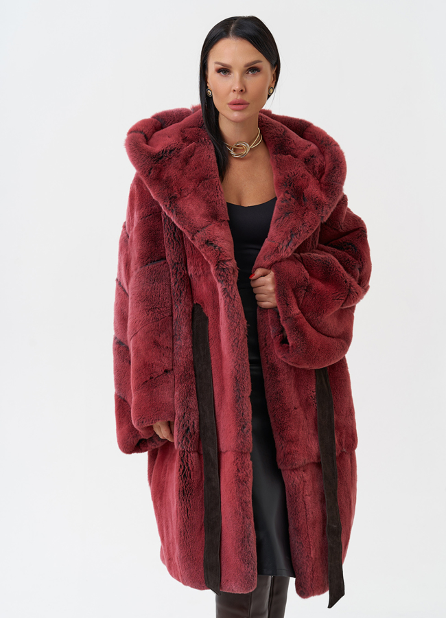 Шуба из меха кролика с капюшоном модель № 28897 меха малина