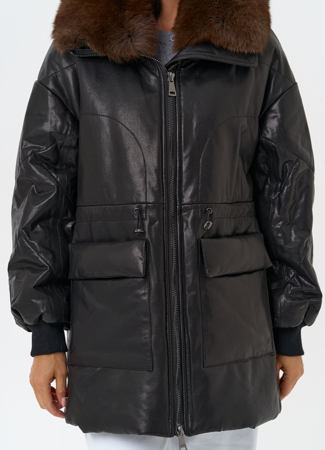 Полупальто из натуральной кожи с мехом песца модель № 76614 в рассрочку