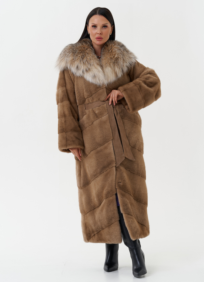 фото Длинная шуба из норки с капюшоном из рыси модель № 27844