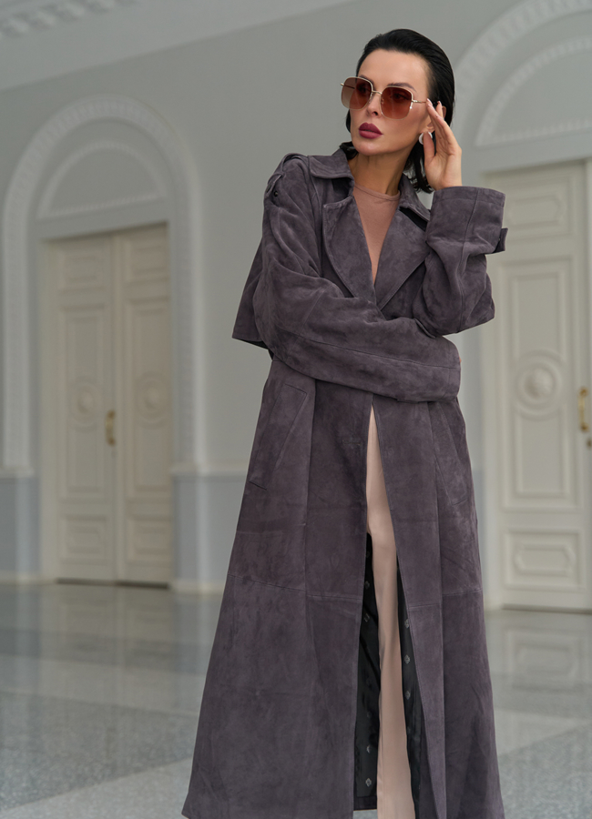 фото Длинный плащ из натуральной замши модель № 31191