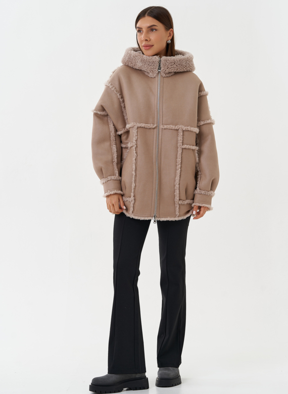 Двухсторонняя эко дубленка с капюшоном