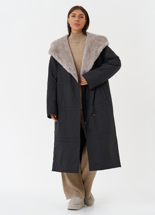 Пуховик с капюшоном из эко меха модель № 28839 универмаг малина