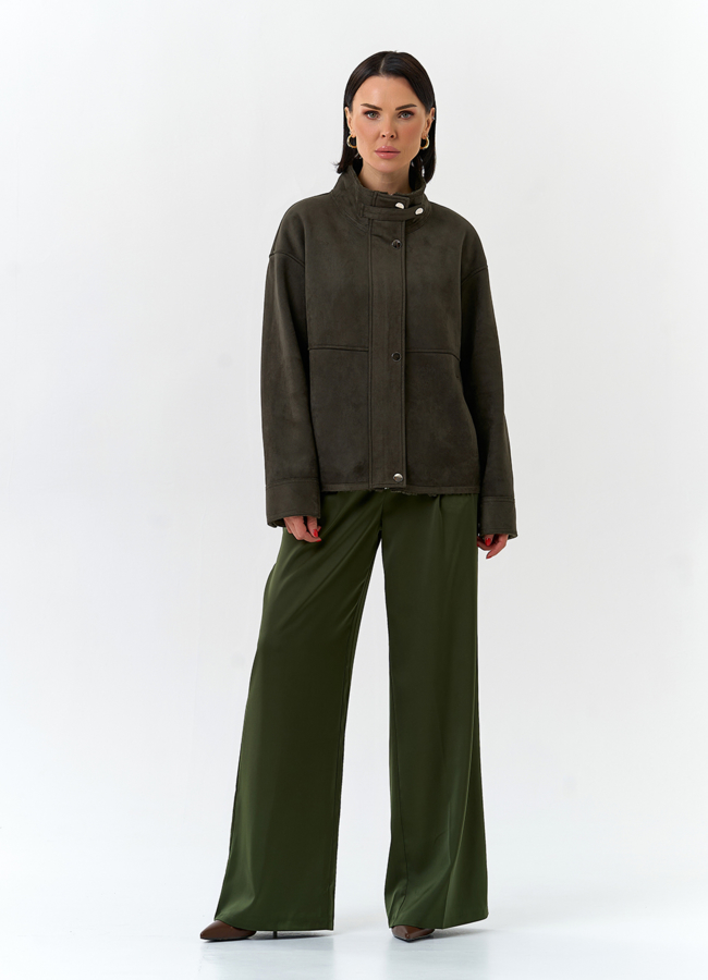 Женская дубленка из эко замши с воротником стойкой модель № 32583 в кредит