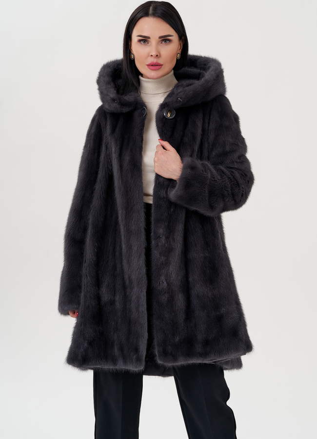 Норковая шуба балетка, в цвете графит с капюшоном модель № 25006 универмаг малина
