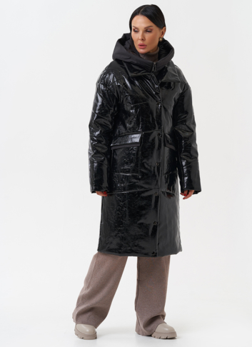 Женский пуховик из эко кожи с капюшоном
