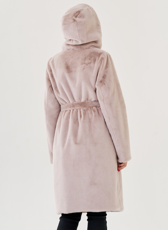 Двухстороннее пальто из эко меха с капюшоном