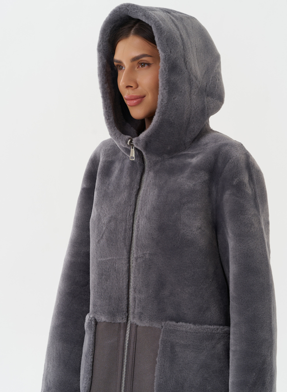 Двухсторонняя эко дубленка с капюшоном