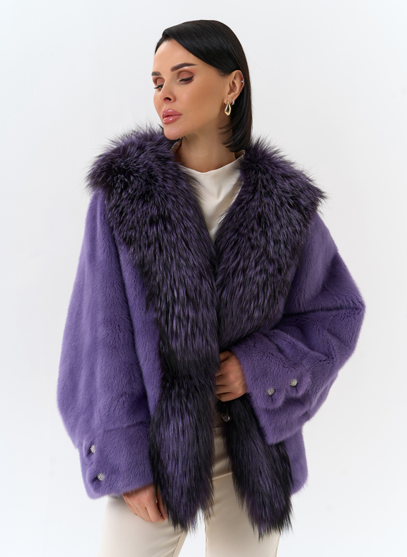 Шуба из норки с отделкой из меха чернобурки