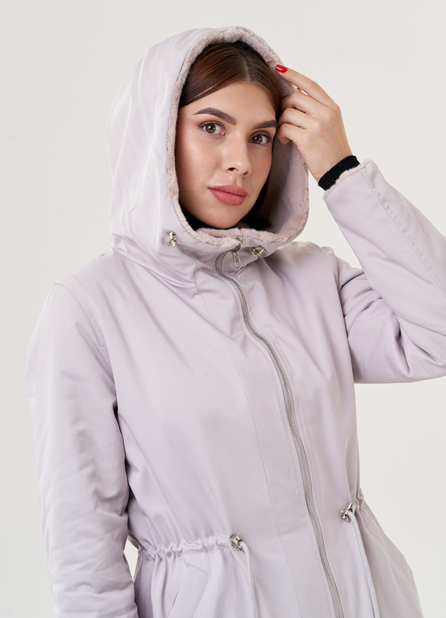 Двухстороннее пальто из эко меха с капюшоном модель № 25354 универмаг малина