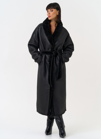 Женская двухсторонняя дубленка из эко замши с воротником шаль