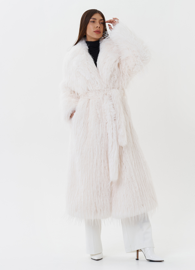 Длинная шуба из эко страуса модель № 26945 меха малина