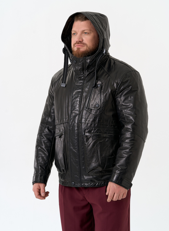 Мужская куртка из натуральной кожи с капюшоном