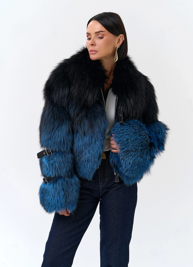 Шуба из меха чернобурой лисы с декоративными ремешками модель № 33765 универмаг малина