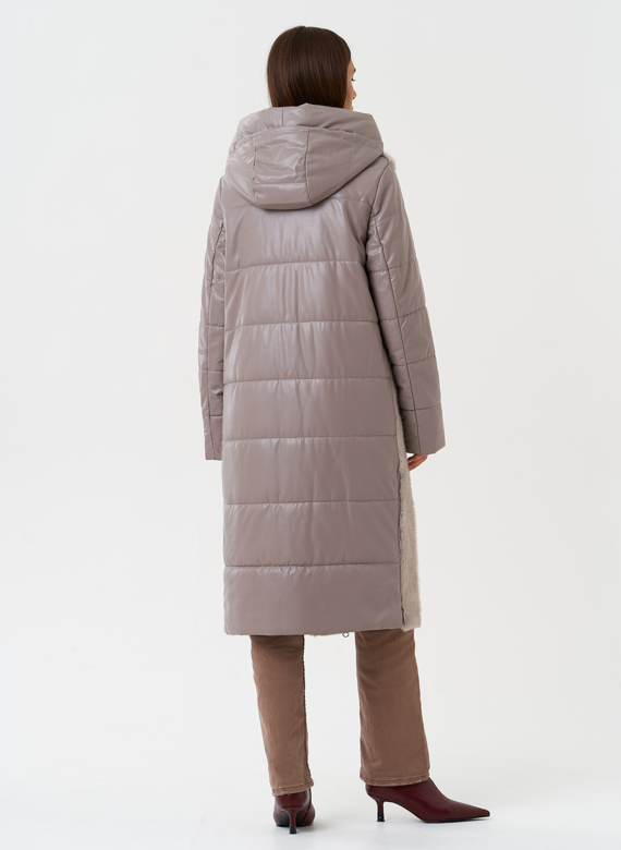 Комбинированный пуховик из эко кожи с капюшоном