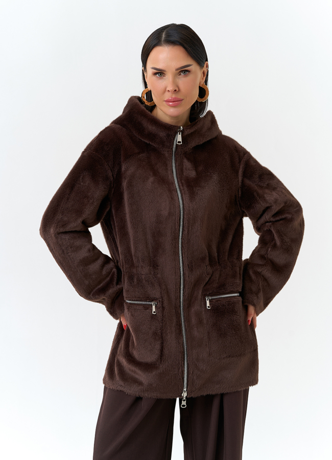 Двухсторонняя дубленка из эко замши с капюшоном модель № 32690 в кредит