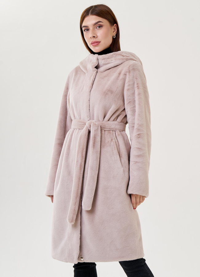 Двухстороннее пальто из эко меха с капюшоном модель № 25354 в кредит