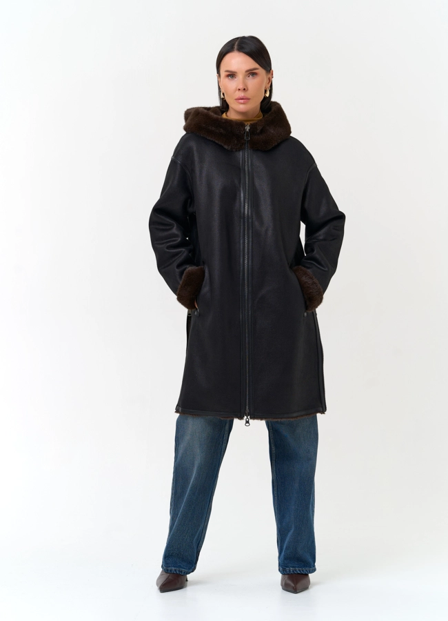 Женская дубленка из эко замши модель № 33916 универмаг малина