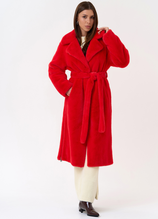 Женское пальто из эко меха с декоративными молниями модель № 31218 меха малина